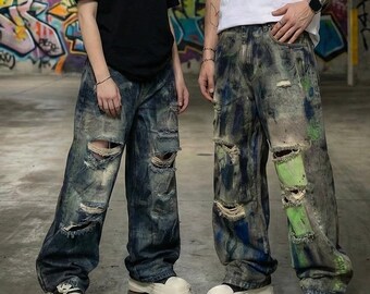 Vaqueros rotos estilo retro Y2K / vaqueros americanos de pierna ancha estilo cimitarra estilo Harajuku Kawaii para hombre