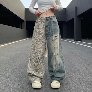 Jeans mit Leopardenmuster im Y2K-Retro-Stil | Amerikanischer Used-Look, Wide-Leg-Denim im Harajuku-Kawaii-Unisex-Stil