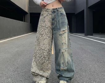 Leopard Print Jeans Y2K Retro | American Distressed Wide-Leg Denim Harajuku Kawaii Unisex