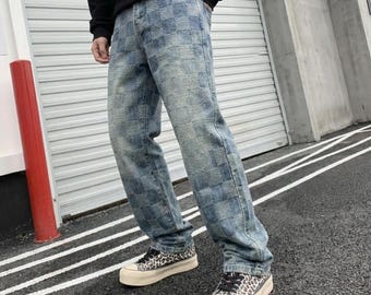 Vaqueros a cuadros estilo patchwork Y2K Retro / Vaqueros americanos de pierna recta estilo Harajuku Kawaii para hombre