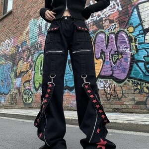 Star Strap Pants Y2K Retro | Metal Detail Wide-Leg Trousers Harajuku Kawaii Unisex image 6
