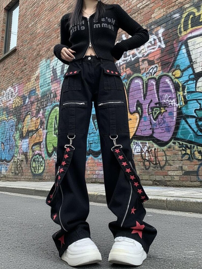 Star Strap Pants Y2K Retro | Metal Detail Wide-Leg Trousers Harajuku Kawaii Unisex image 6