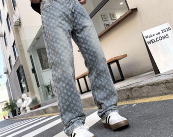 Vaqueros jacquard estilo retro Y2K / vaqueros americanos de pierna recta estilo Harajuku Kawaii unisex