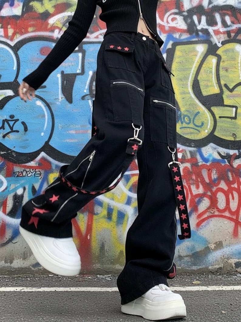Star Strap Pants Y2K Retro | Metal Detail Wide-Leg Trousers Harajuku Kawaii Unisex image 7