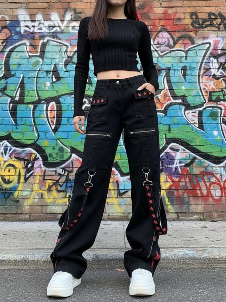 Star Strap Pants Y2K Retro | Metal Detail Wide-Leg Trousers Harajuku Kawaii Unisex image 4