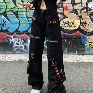 Star Strap Pants Y2K Retro | Metal Detail Wide-Leg Trousers Harajuku Kawaii Unisex image 5