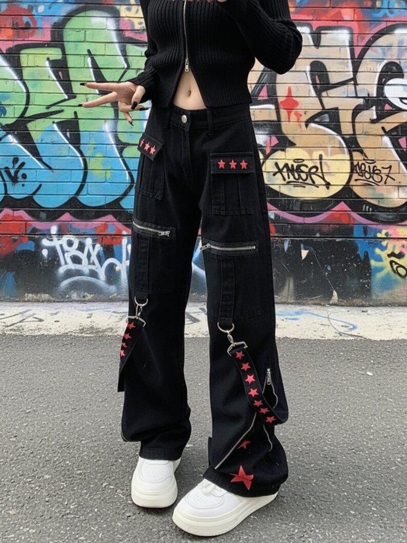Star Strap Pants Y2K Retro | Metal Detail Wide-Leg Trousers Harajuku Kawaii Unisex image 5