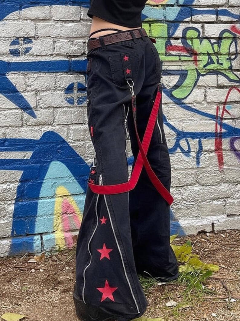 Star Strap Pants Y2K Retro | Metal Detail Wide-Leg Trousers Harajuku Kawaii Unisex image 3