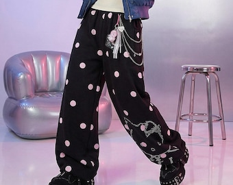 Pantalones drapeados con estampado de gato estilo retro Y2K / Pantalones rectos holgados de lunares estilo Harajuku Kawaii para mujer
