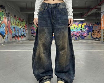 Jeans patchwork estilo cimitarra Y2K Retro / Americano de pierna ancha de mezclilla desgastada Harajuku Kawaii Unisex