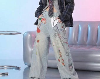 Vaqueros con estampado de dibujos animados estilo retro Y2K / Vaqueros de pierna ancha hasta el suelo estilo Harajuku Kawaii para mujer