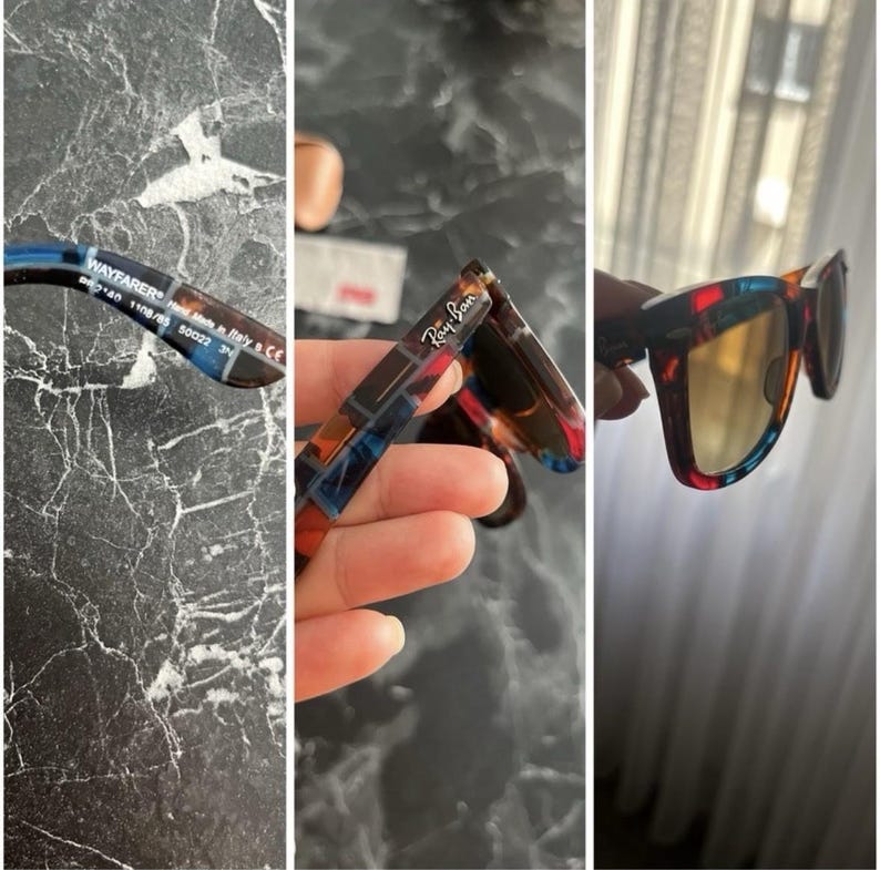 Puede incluir: Gafas de sol Ray-Ban Wayfarer con montura de carey multicolor con detalles en azul y rojo. El interior de la patilla muestra el texto WAYFARER, RB2140 1108/85, 50 22 3N y Hand Made in Italy. Las lentes tienen un tono marr&oacute;n degradado.