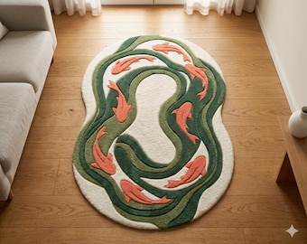 Hand Tufted Wool Koi Fish Rug, Artistic Living Room Carpet