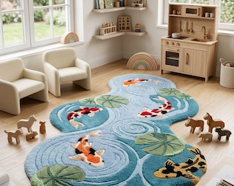 Alfombra tejida a mano con diseño de estanque de peces koi, alfombra de lana de forma libre, decoración de lujo para el hogar.