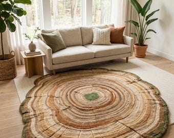 Hand-Tufted Tree Ring Wool Rug – Organic Wood Slice Nature Carpet