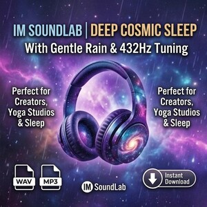 May include: Over-ear headphones featuring a purple and blue galaxy print with a spiral nebula design on the ear cups. Text reads: IM SOUNDLAB | DEEP COSMIC SLEEP With Gentle Rain & 432Hz Tuning. Includes WAV and MP3 file icons and an Instant Download button.