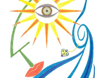 Natsu (Summer) – Abstract Colored Pencil Art, Surreal Face and Sun, Digital Download