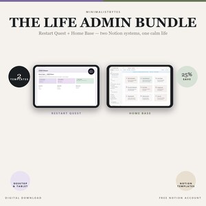 Könnte beinhalten: Das digitale The Life Admin Bundle enthält zwei Notion-Vorlagen, Restart Quest und Home Base, dargestellt auf Tablet-Bildschirmen. Mit Textbeschriftungen für 2 Vorlagen, 25% Ersparnis, Desktop- und Tablet-Kompatibilität sowie kostenlosem Notion-Konto.