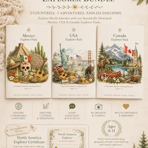 May include: A North America Explorer Bundle featuring three illustrated learning packs for Mexico, USA, and Canada. Includes a certificate, educational icons, and text detailing the contents for ages 6-11, presented as a digital download resource.