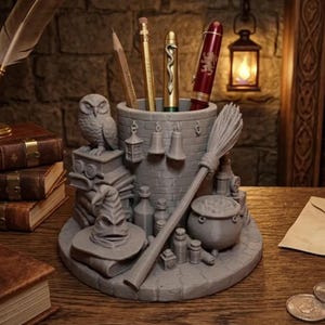 May include: A grey cylindrical desk organiser featuring a brick tower design adorned with a sculpted owl, a pointed hat, a broomstick, a cauldron, and various small bottles. The organiser holds a wooden pencil, a gold pen, and a red pen.
