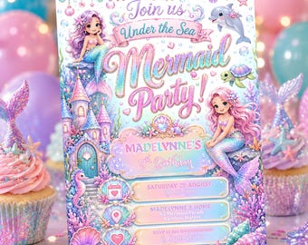 Mermaid Birthday Invitation Girl Under the Sea Party Invitation Rainbow Digital Download