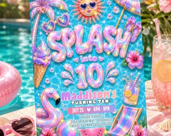 Iridescent Pool Party Invitation Girl 10th Birthday Splash Template Digital Template