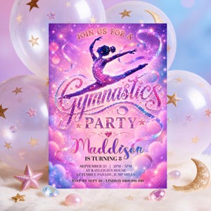 Gymnastics Birthday Invitation Pink Gymnastic Invitations Gymnast Party Template Girl Celestial Digital
