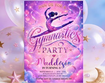Gymnastics Birthday Invitation Pink Gymnastic Invitations Gymnast Party Template Girl Celestial Digital