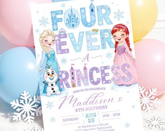 Frozen 4th Birthday Invitation Fourever a Princess Elsa Anna Party Invite Digital