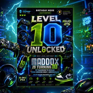 Op de afbeelding: Een digitale verjaardagsuitnodiging met een neon gaming thema met de tekst Level 10 Unlocked, Maddox is Turning 10, 1344 Greens Way, Greenville, en RSVP Madelyn 0400 000 000. Afbeeldingen bevatten gamecontrollers, koptelefoons en sneakers.