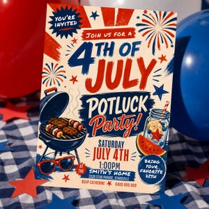 4th of July Potluck Party Invitation Fourth July Patriotic Cookout Foodie Invite Digital