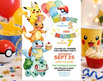 Pokemon Sibling Birthday Invitation Template: Pikachu Joint Party Invite Two Kids (5x7 Digital)
