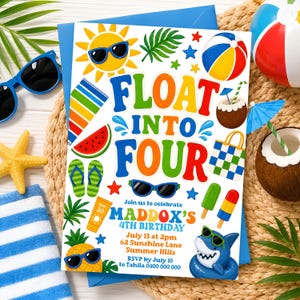 Pool Party Invitation: Float into Four, Shark, Summer Birthday (Digital Download)