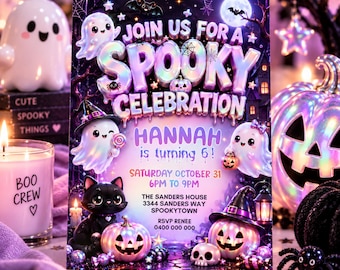 Iridescent Ghost Birthday Invitation Template Holographic Spooky Halloween Invite 5x7 Digital