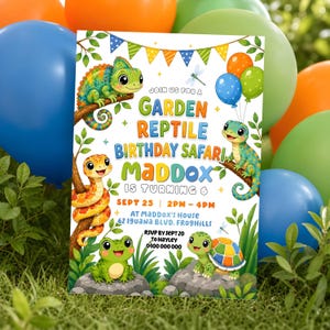 Reptile Party Invitation Template | Garden Reptile Birthday Safari Invite | Iguana Evite | 5x7 Digital