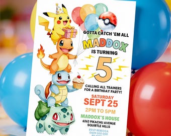 Pokemon Birthday Invitation Template Pikachu Party Invite Pokemon Trainers 5x7 Digital