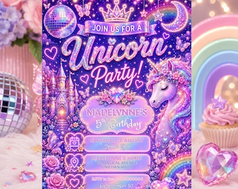 Holographic Unicorn Birthday Invitation | Iridescent Magical Celebration Party Invite | Rainbow Unicorn | 5x7 Template