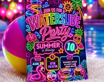 Neon Waterslide Party Invitation Template | Cheetah Print Water Slide Birthday Invite | Digital
