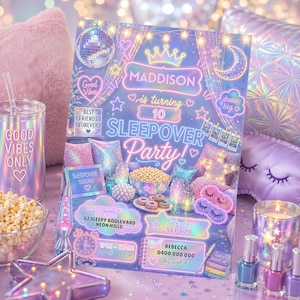 Könnte beinhalten: Eine rechteckige Einladungskarte im Neon-Design mit dem Text MADDISON is turning 10 SLEEPOVER PARTY. Die Grafik zeigt eine Discokugel, eine Mondsichel, Sterne, Popcorn, Donuts sowie Details zu Datum, Uhrzeit und Veranstaltungsort.