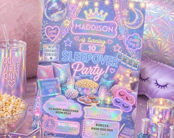 Holographic Girl Sleepover Birthday Invitation |Iridescent Slumber Party Invite | Metallic Pajama Party | 5x7 Template