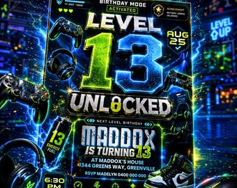 Level Up 13th Birthday Invitation Template Gaming Party Invite Teen Boy Gamer Invite Digital