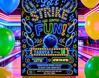 Neon Bowling Birthday Invitation | Strike Up Fun, Boy Party (Digital Download)