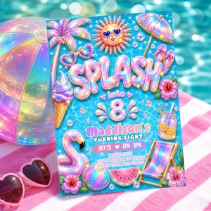 May include: A colorful birthday invitation card featuring the text SPLASH into 8 Maddison's TURNING EIGHT, July 25, 4PM-9PM, Maddie's House, 3355 Splash Way, Splashville, RSVP to Gemma 0400 000 000, with illustrations of a palm tree, sun, umbrella, ice cream, flamingo, beach ball, watermelon, and hibiscus flowers.