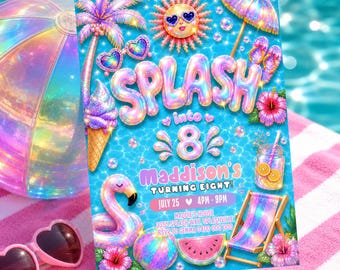 Iridescent Pool Party Invitation Splash into 8 Girl 8th Birthday Digital Download