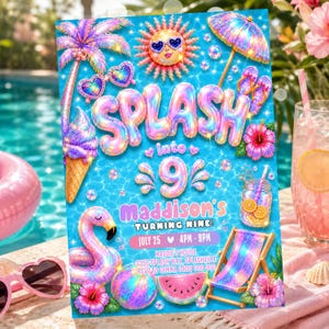 以下が含まれることがあります： SPLASH into 9 Maddison's TURNING NINE! JULY 25 4PM-9PMという文字が書かれたカラフルなパーティー招待状。ヤシの木、ハート型サングラスをかけた太陽、アイスクリーム、フラミンゴの浮き輪、ビーチボール、スイカ、デッキチェアが描かれています。