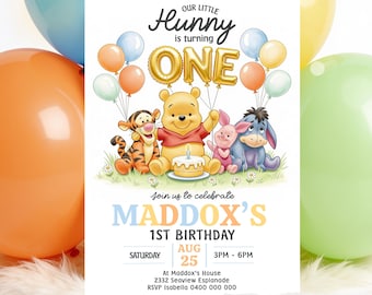 Winnie the Pooh 1st Birthday Invitation Template Bear Party Invite Digital Download