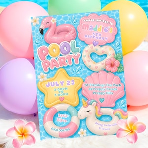 May include: A rectangular pool party invitation card featuring a blue water background with pink flamingo, heart, star, seashell, and unicorn pool floats. Text includes Maddie's 5th Birthday, July 25, 2:00pm to 5:00pm, Flamingo Fun Park, 62 Preppy Parade, Preppy Hills, RSVP Elyse, 0400 000 000, and Bring Swimsuit & Towel.