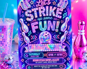Holographic Bowling Birthday Invitation Template Iridescent Let's Strike Up Some Fun Template