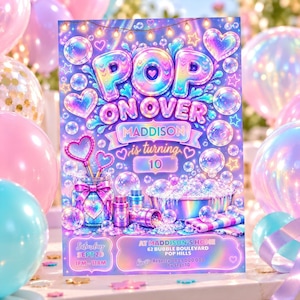 Può includere: Un biglietto d'invito di compleanno rettangolare con una vivace tavolozza di colori olografici, bolle, cuori e luci a stringa. Il testo recita POP ON OVER, MADDISON is turning 10, e include i dettagli dell'evento per sabato 20 settembre.