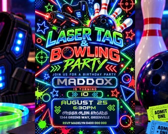 Neon Laser Tag Bowling Birthday Invitation Glow Boy Party Invite Digital Download